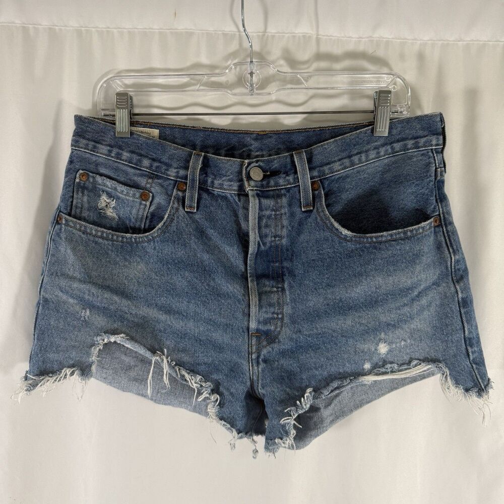 Levis 501 Button Fly Shorts Womens 31 Medium Wash Blue Denim Cut Off 100% Cotton